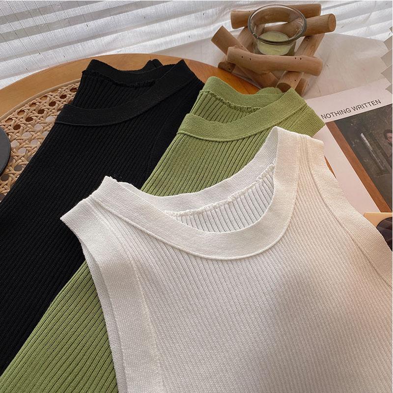 Green Knit Tank Top Sleeveless Short Women's Crop Top Solid Color Inner Wear Outer Skinny Short Vest Korean Fashion