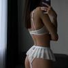 Aesthetic White Bride Sexy Lingerie Set Three Piece Small Skirt with Steel Ring Single Layer Perspective Y2k Tease Sets Women