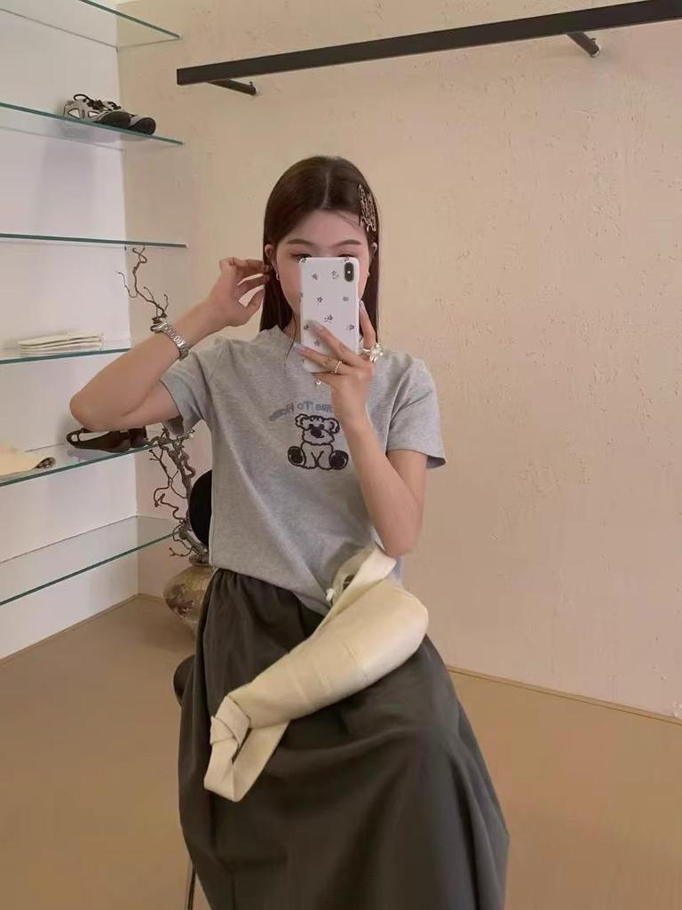Spring/Summer 2025 Korean Cartoon Bear Embroidered Loose Short Sleeve T-Shirt for Women