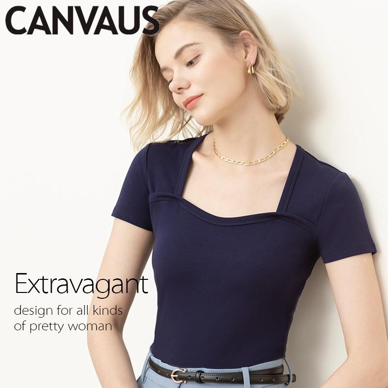 CANVAUS T-shirt da donna con collo quadrato a maniche corte con filo estivo. Camicia da donna slim in cotone