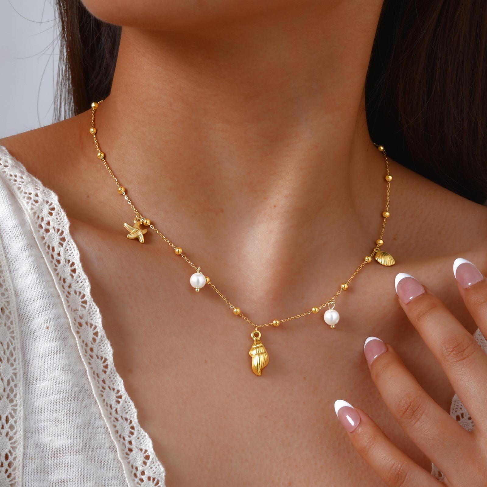 Gold Plated Pearl Shell Conch Starfish Summer Beach Necklace, Charms Necklace for Women,Stainless Steel Waterproof Jewelry