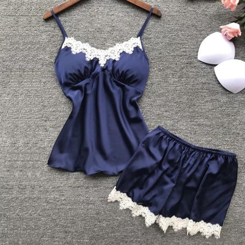 Damen Spitzen-Pyjama-Set Seide Rüschen Sexy 2-teiliger Schlafanzug mit Pyjamashorts Satin Sommer Kurze Schlafsets für Damen