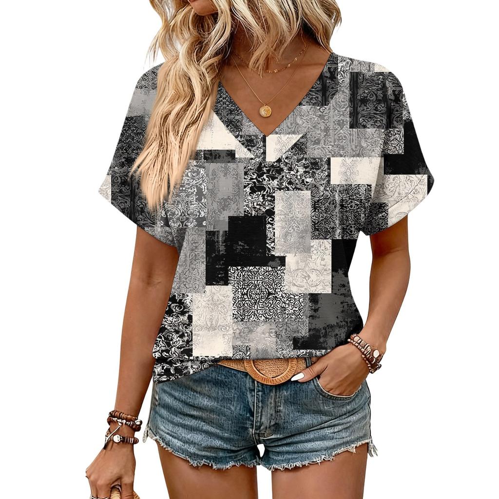 Damen Sommer Oberteile Kurzarm V-Ausschnitt Hemden Lässig Elegant Sommer Blusen Tunika Top