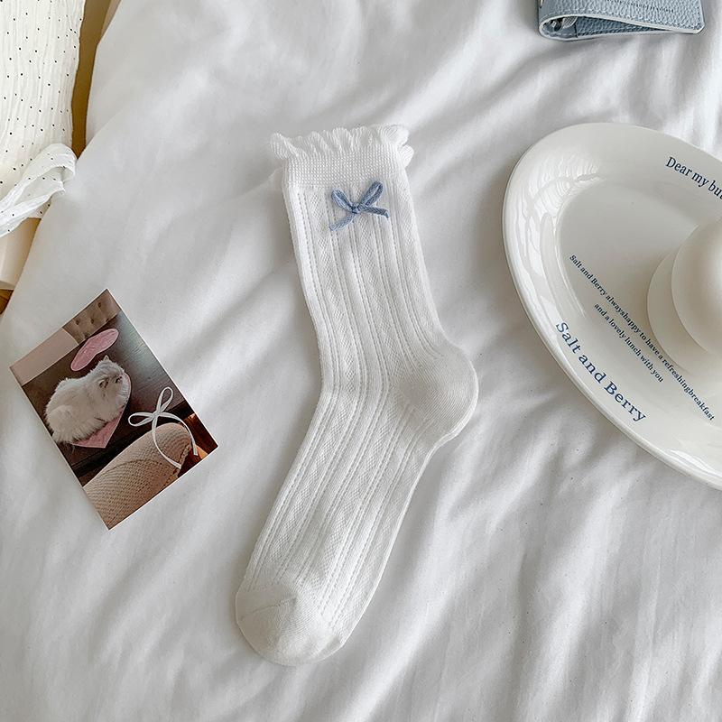 Sweet Bow Mid-calf Socks for Women, Summer Thin Mesh Hollowed-out Pile Socks, Solid Color Lace Long Socks