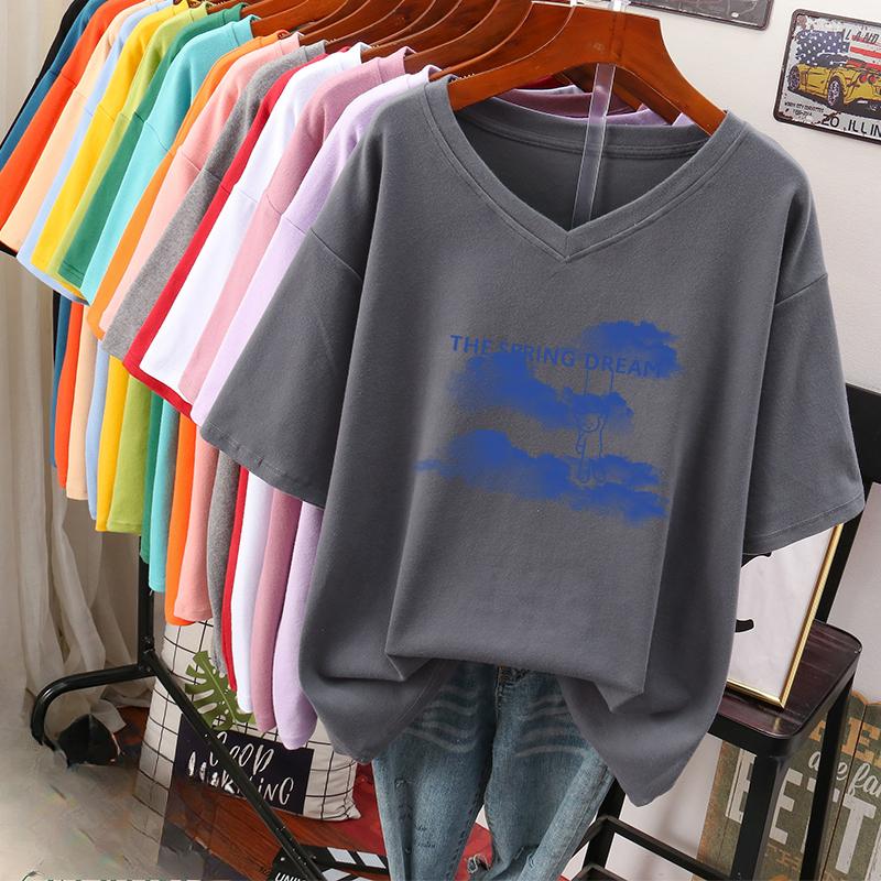 Camiseta de manga curta, Solta, Top V-neck Estampado Emagrecedor para Mulheres