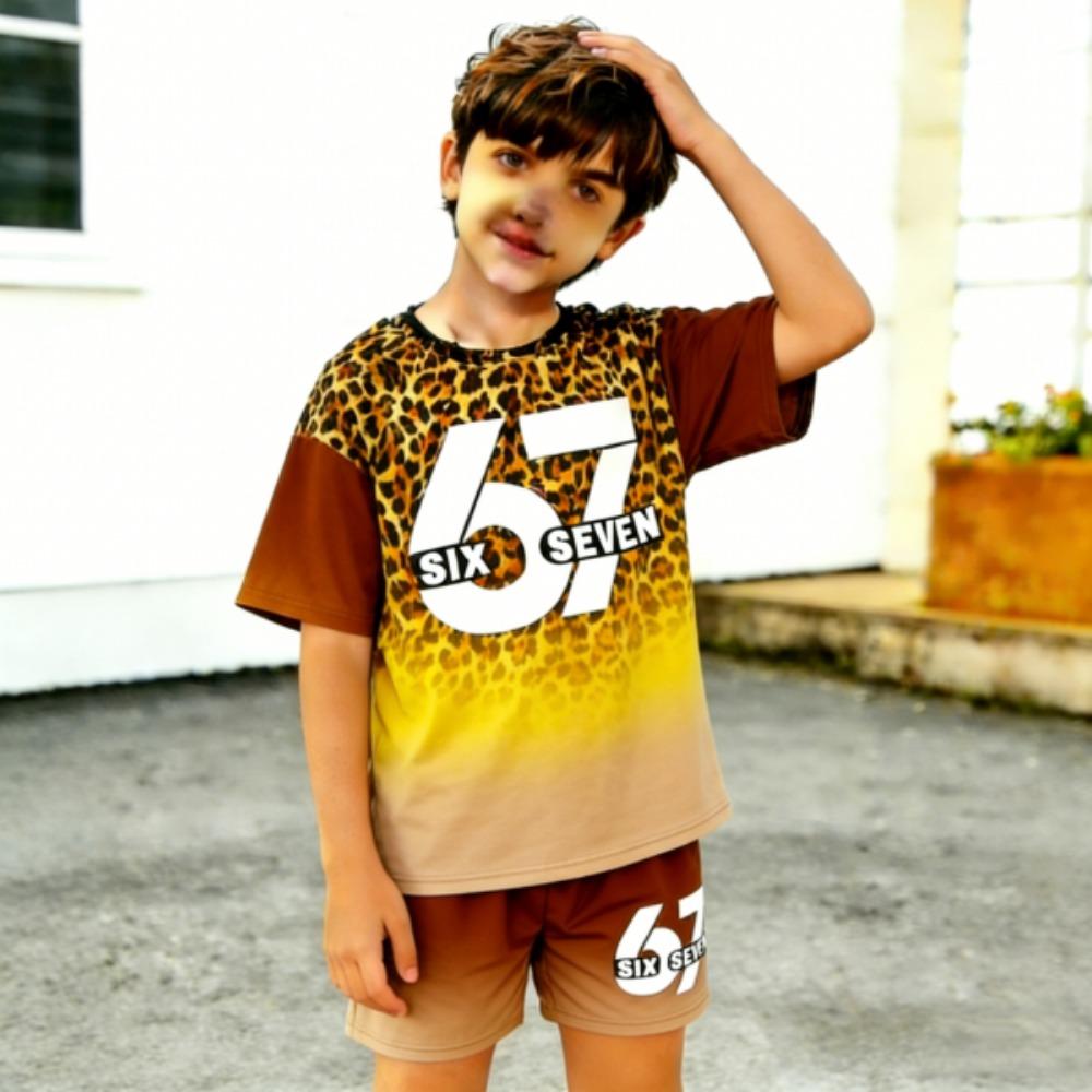 Fashion Leopard 67 Colorful Gradient Printed Kids T-shirt and Shorts 2 Piece Set Summer Casual Outfit for Boy's and Girl's Kids Clothing Top