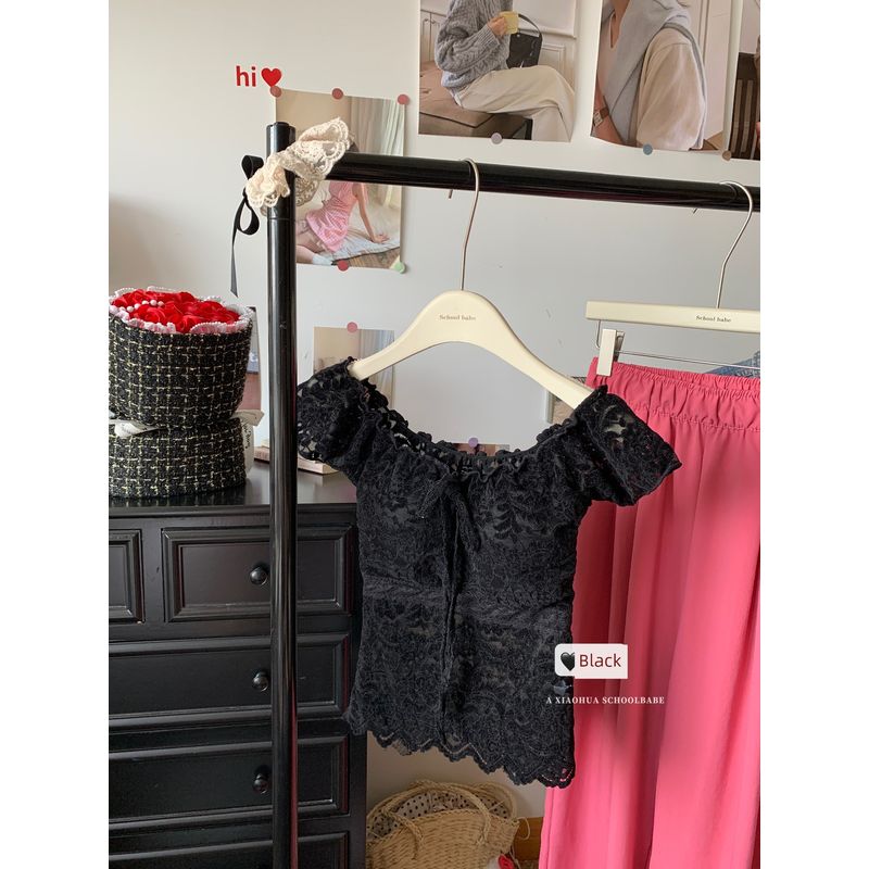 Kumikumi Pure Desire Style Solid Lace Stitching Sexy Short Sleeve T-shirt Women Summer Slim Fit Slimming Versatile Top