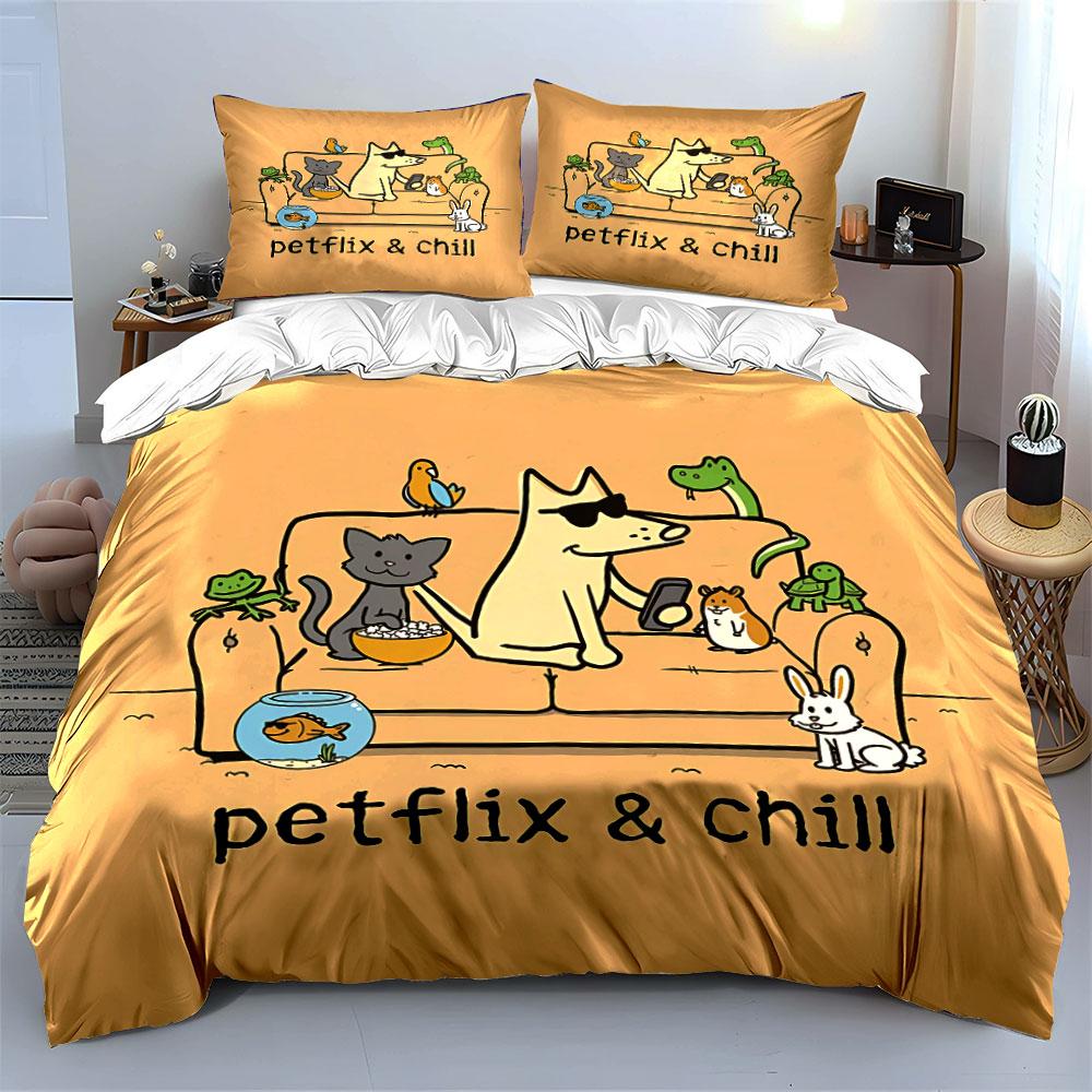 Funny Petflix & Chill Design Bedding Duvet Cover Set Duvet Cover Pillowcases (1*Duvet Cover 2*Pillowcases, without duvet insert)