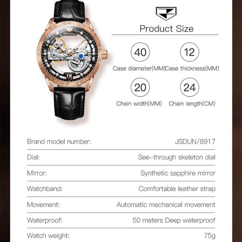 JINSHIDUN New Business and Leisure Men's Watch Fully Automatic Mechanical Watch Perspective Hollow Dial High-end Watch