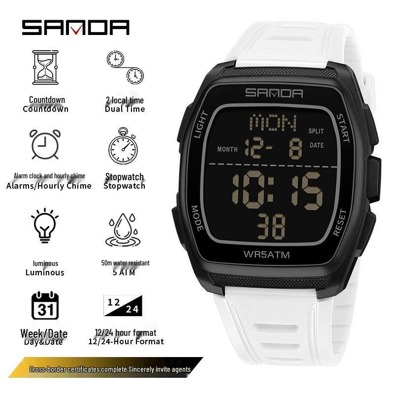 Sanda Trend Student Sports Electronic Watch: Luminous, Alarm, Dual Time, Waterproof, Chronograph