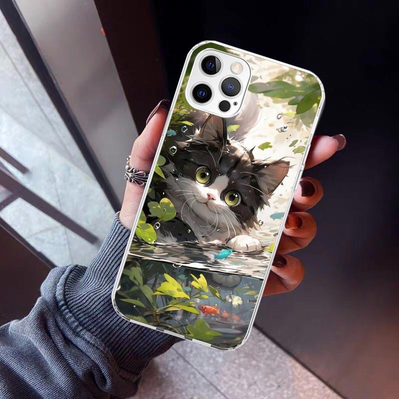 Cartoon Cute Cat Fish Aesthetic Phone Case For iPhone 17 Air 11 13 Mini 14 15 Plus 16 12 Pro Max 16E SE 7 8 Pattern Soft TPU Bac