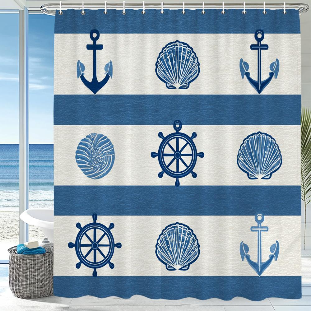 Modern Blue Stripes Sailing Style Shower Curtain, Bathroom Decorative Shower Curtain, Printed Fabric Shower Curtain With Hooks