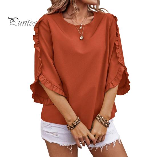 

Женские топы с круглым вырезом, кружевной отделкой, рукавом 3/4, однотонные свободные топы, футболка на каждый день M оранжевый