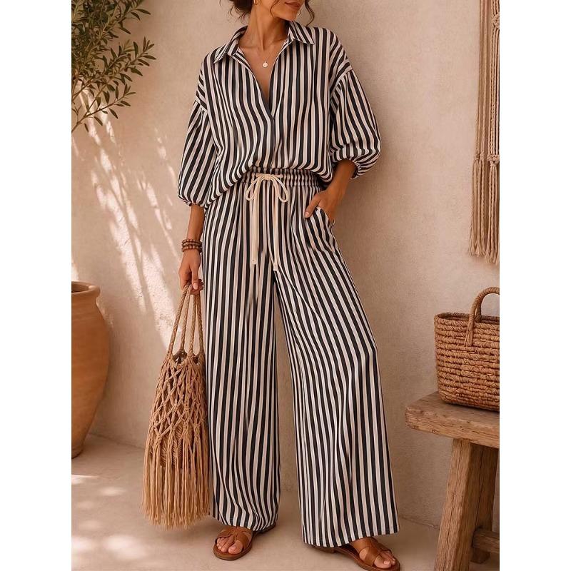Women Fashion Striped Long Sleeve Shirt Loose Pants Two Piece Casual Set