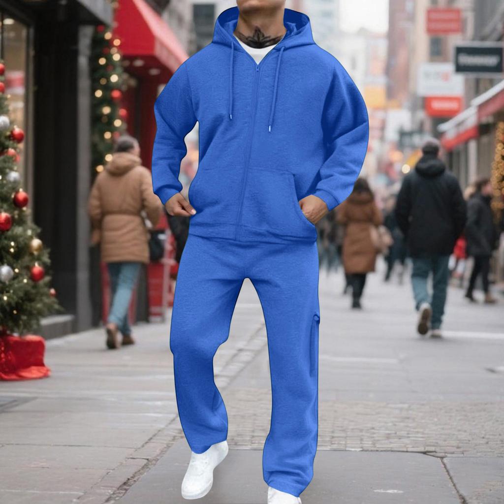 Men's Classic Two-Piece Set, Fleece Zip Hoodie Jacket & Elastic-Waist Cargo Pants For Casual Outdoor Sports