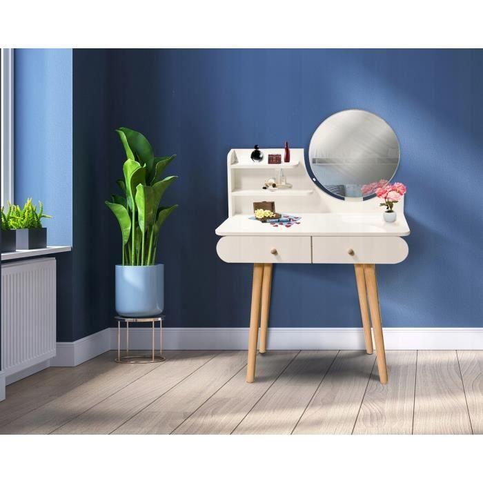 Coiffeuse En Bois Blanc Avec Miroir Et Tiroirs - 122x80x40 Cm