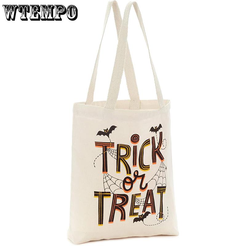 WTEMPO Halloween Canvas Bag Halloween Treat Bag Bat & Spider Web & TRICk OR TREAT Printed Bag Creative Soft Festival Handbag & Single-shoulder Bag