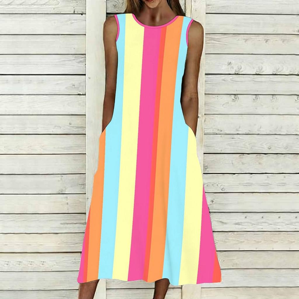 Ladies Oversized Sleeveless Crew Neck Dress Vintage Floral Branch Printed Flowy Calf Length Dress