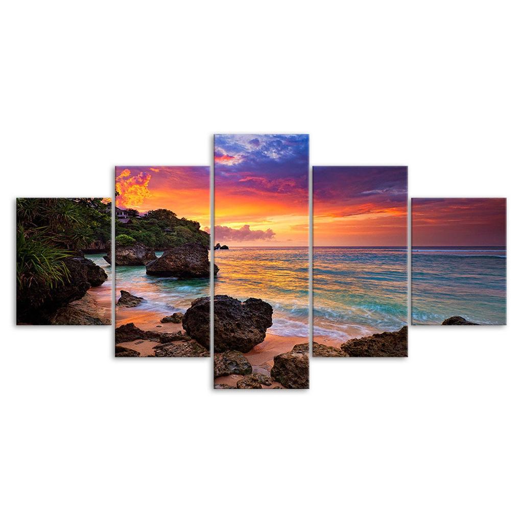 Beach Red Sky Sunset Scene 5 Piece Five Panel Canvas Print Modern Wall Art Poster Home Decor Gift For Him For Her