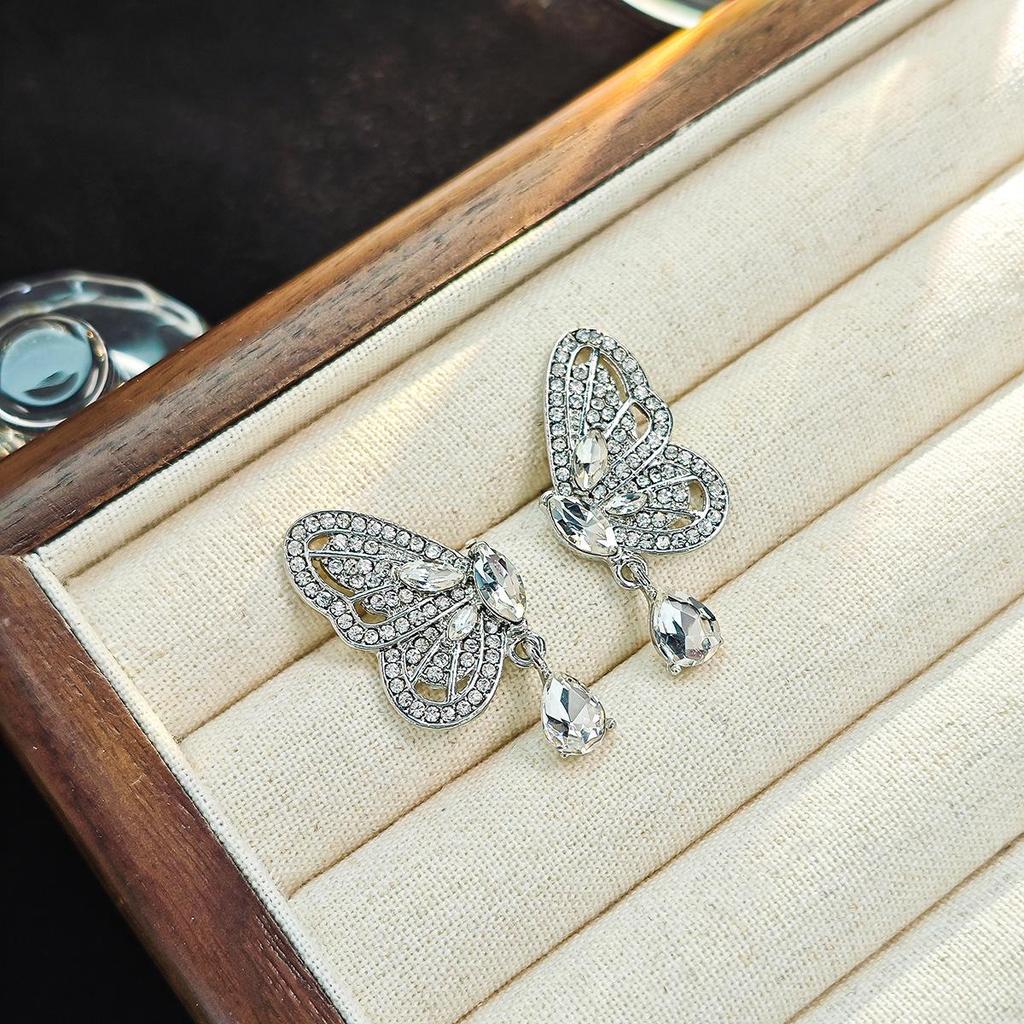 Elegant Butterfly Earrings: Silver Needle Korean Style with Crystal Water Drop Inlay
