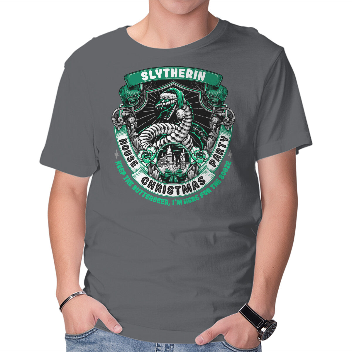Unisex Crew Neck T-Shirt Holidays At The Slytherin House Graphic Short Sleeve Casual Tee M