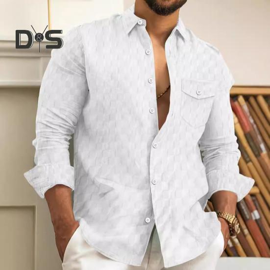 Fall Spring Men Shirt Button Turn-down Collar Long Sleeves Loose Plaid Applique with Chest Pocket Daily Wear Business Bottoming Top