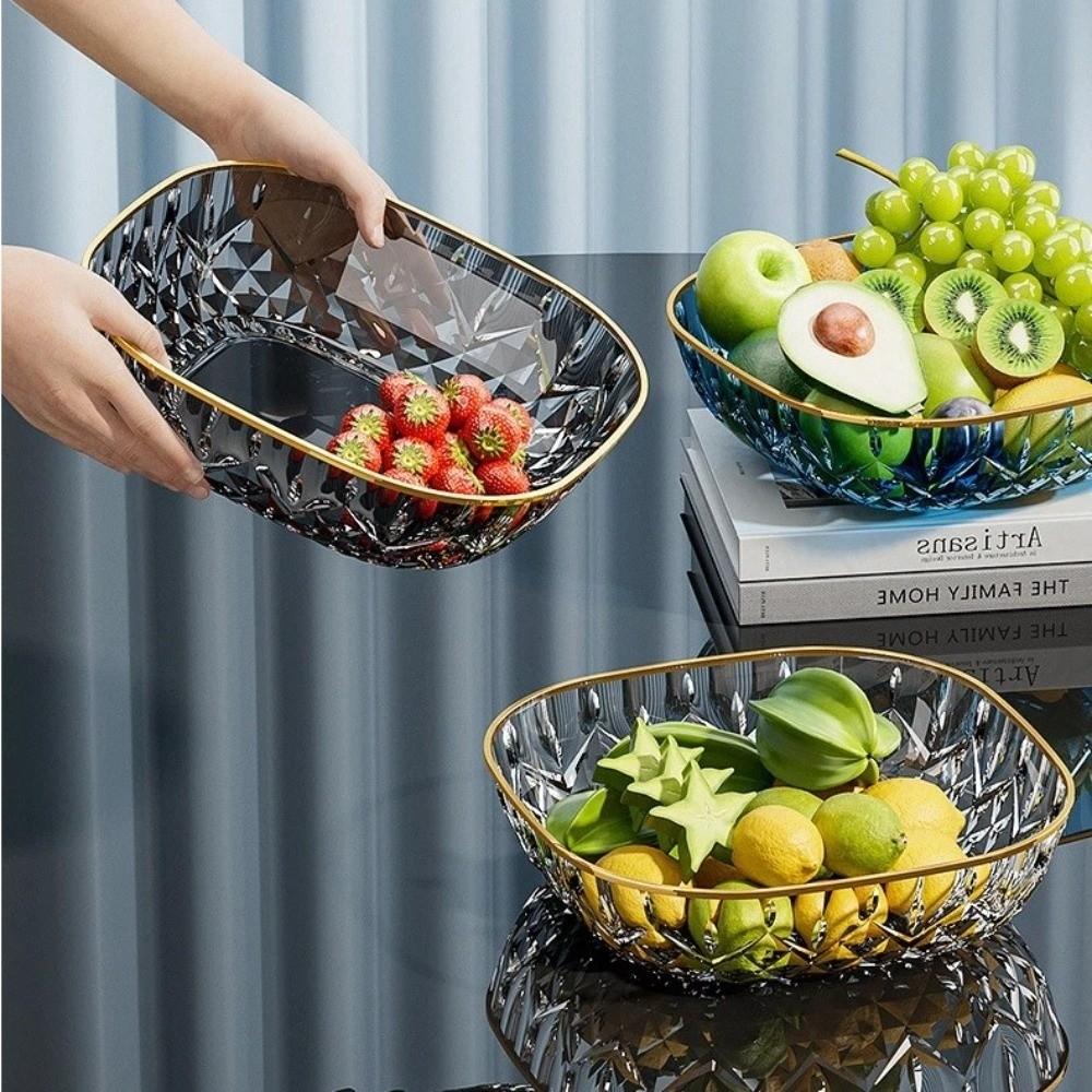 Golden Edge Fruit Bowl Square Transparent Fruit Tray Portable Dessert Biscuit Plate  Household