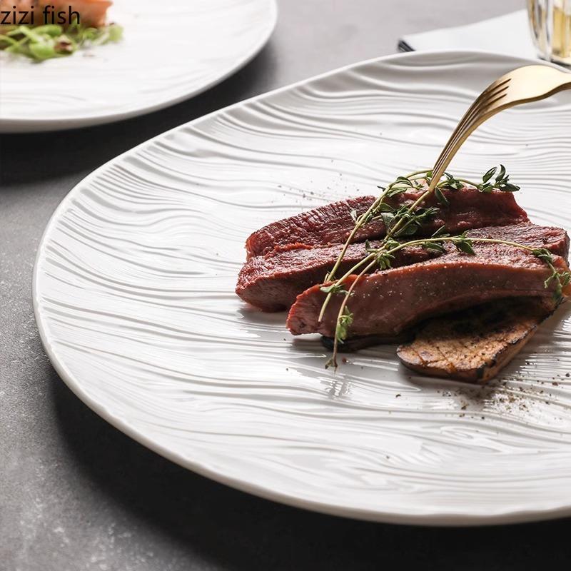 Water Ripple Ceramic Shallow Plate Pure White Irregular Salad Plate Steak Plate Dessert Plates Restaurant Creative Tableware