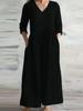 New Casual Women Loose Long Maxi Dress V Neck Half Sleeves Simple Style Cotton Linen Vestido Lady Dress for Spring Autumn