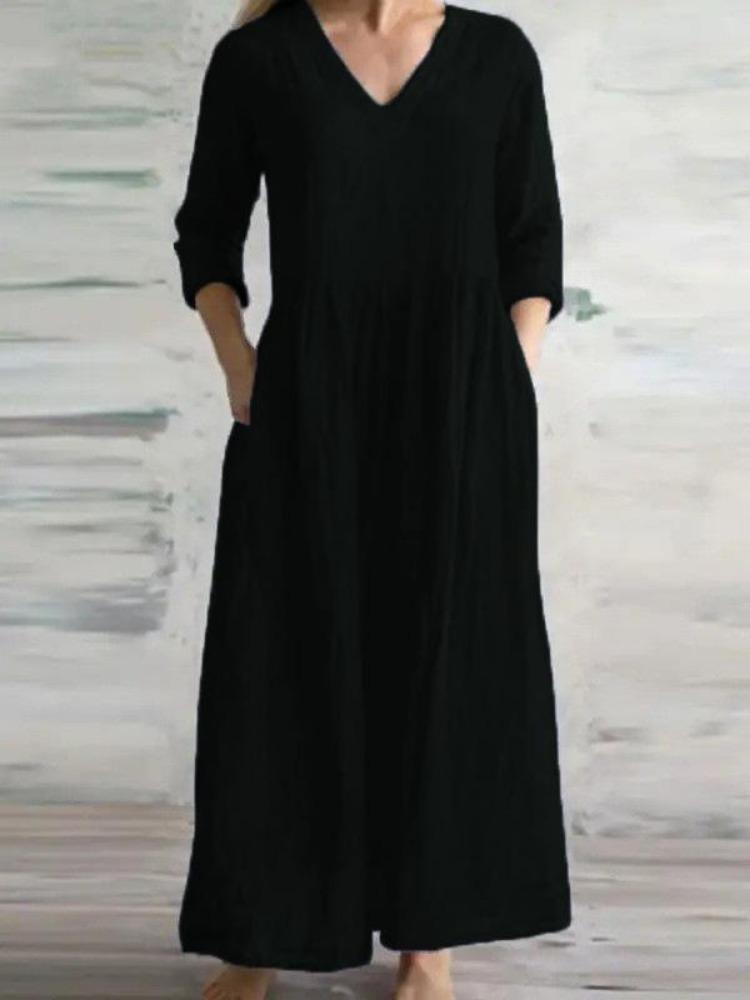 New Casual Women Loose Long Maxi Dress V Neck Half Sleeves Simple Style Cotton Linen Vestido Lady Dress for Spring Autumn