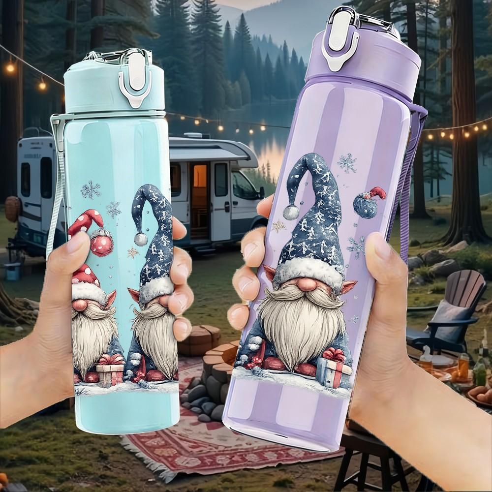 1PC Gnome Santa Christmas Cartoon Print 750ml Color Plastic Sports Water Bottle Leakproof Flip Straw Lid Suitable for Sports Office Home Use