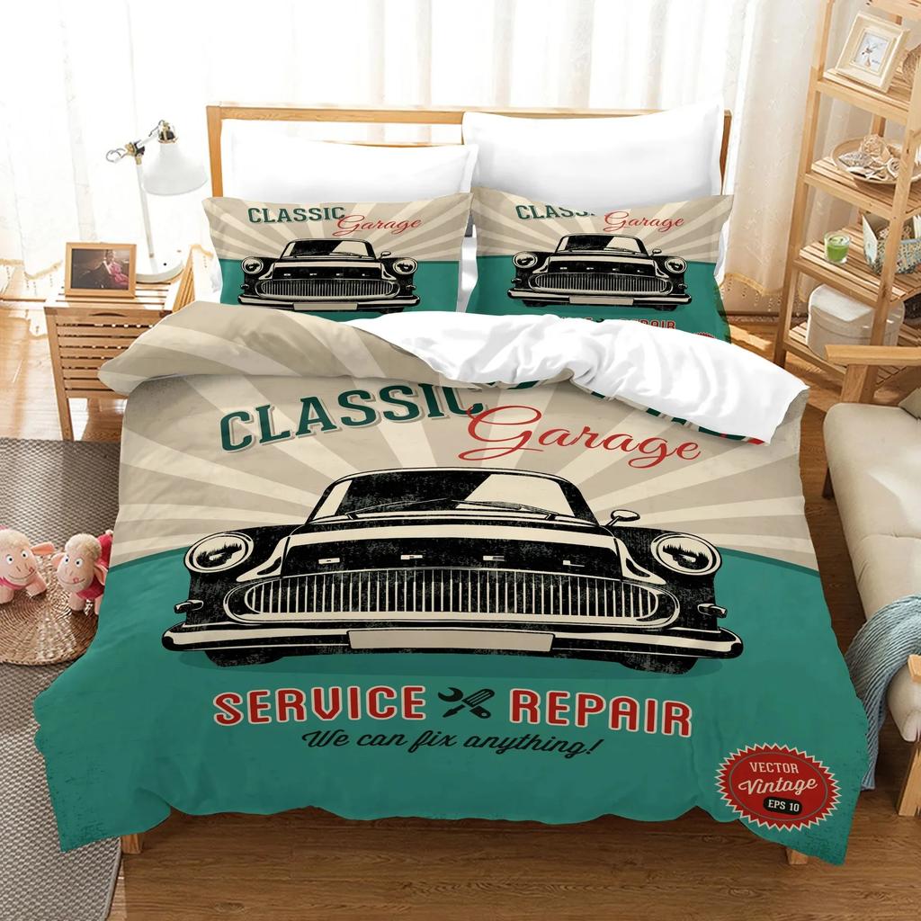 Cars Duvet Cover Traditional Old Car Race Nostalgic American Car Bedding Set Classic Cars Polyester Quilt Cover for Boys Teens
