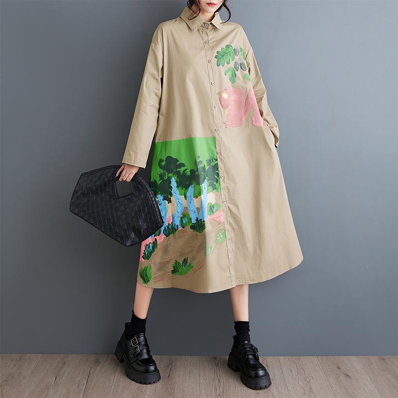 

DIMANAF 2025 Женское весеннее платье больших размеров Винтажное новое женское длинное платье с принтом Свободное платье макси Длинный рукав Пуговица One Size бежевый