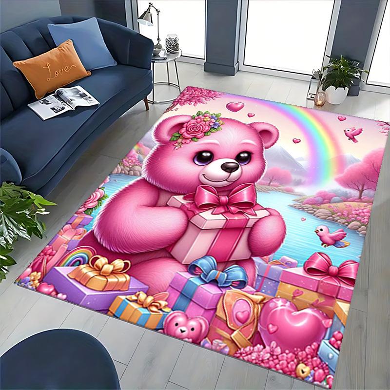 1pc Pink Teddy Bear with Flowers Chair Mat - Anime Cartoon Design, Festival Gift, Non-Slip Carpet for Office and Home Decor, Suitable for All Seasons.
