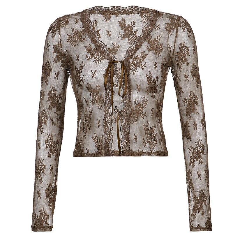 Lace Cardigan 2022 Summer Embroidery White Shirt Korean Clothes Beach Crochet Long Sleeve Top Women Ladies Sexy Blouse