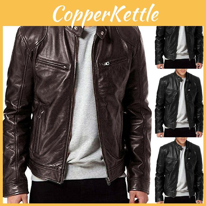 Classic Men's Faux Leather Jacket With Stand Collar For A Sleek Motorcycle Biker Look