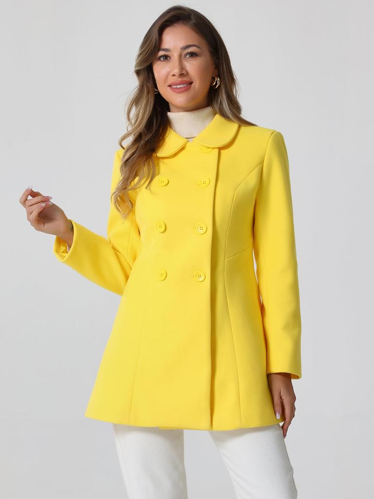 Allegra K Women's Double-Breasted Trench Coat with Round Collar, Long Sleeves, and Cold Weather Protection for Fall and Winter, Yellow, Size S