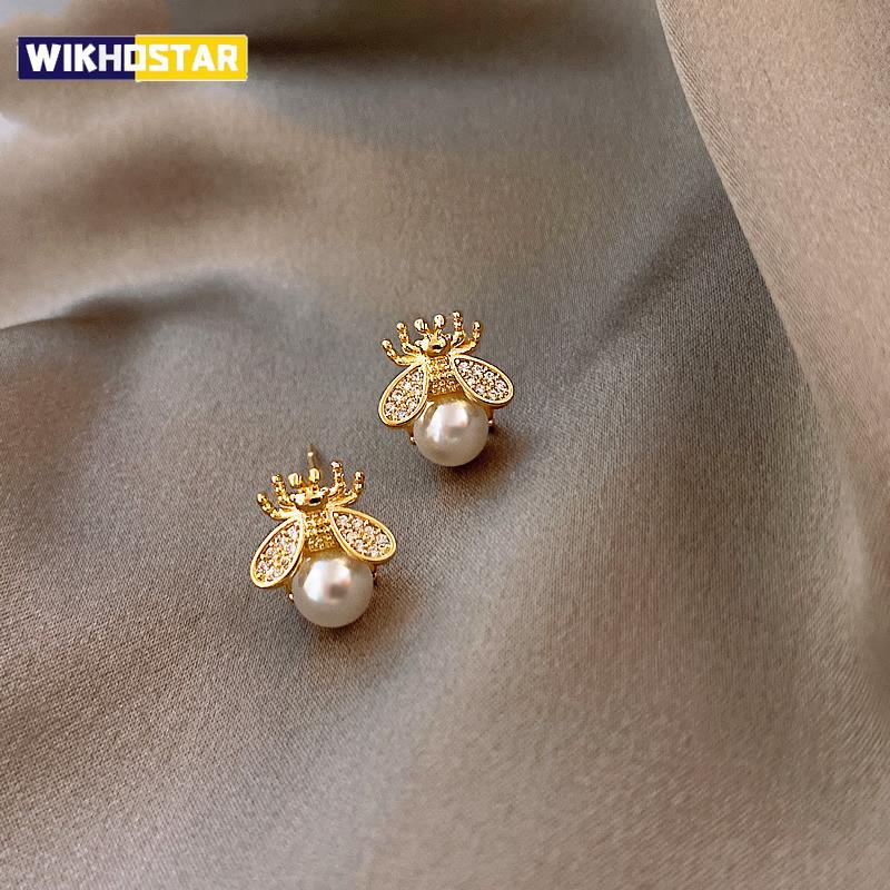 Brincos de pérolas estilo coreano abelha para mulheres brinco pequeno e elegante requintado para mulheres festa de casamento joias de aniversário presentes