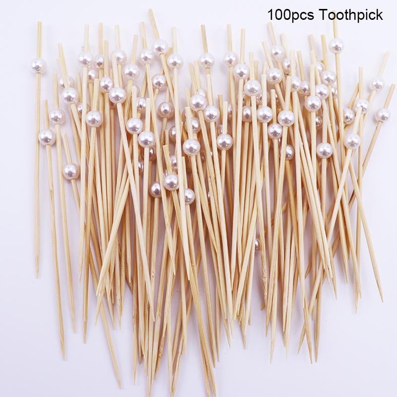 

100 шт., белый жемчуг, бамбуковые палочки для еды, фруктов, свадебная вечеринка, одноразовые торты, десерт, коктейльные палочки, шведский стол, кекс, зубочистка, шпажка белый