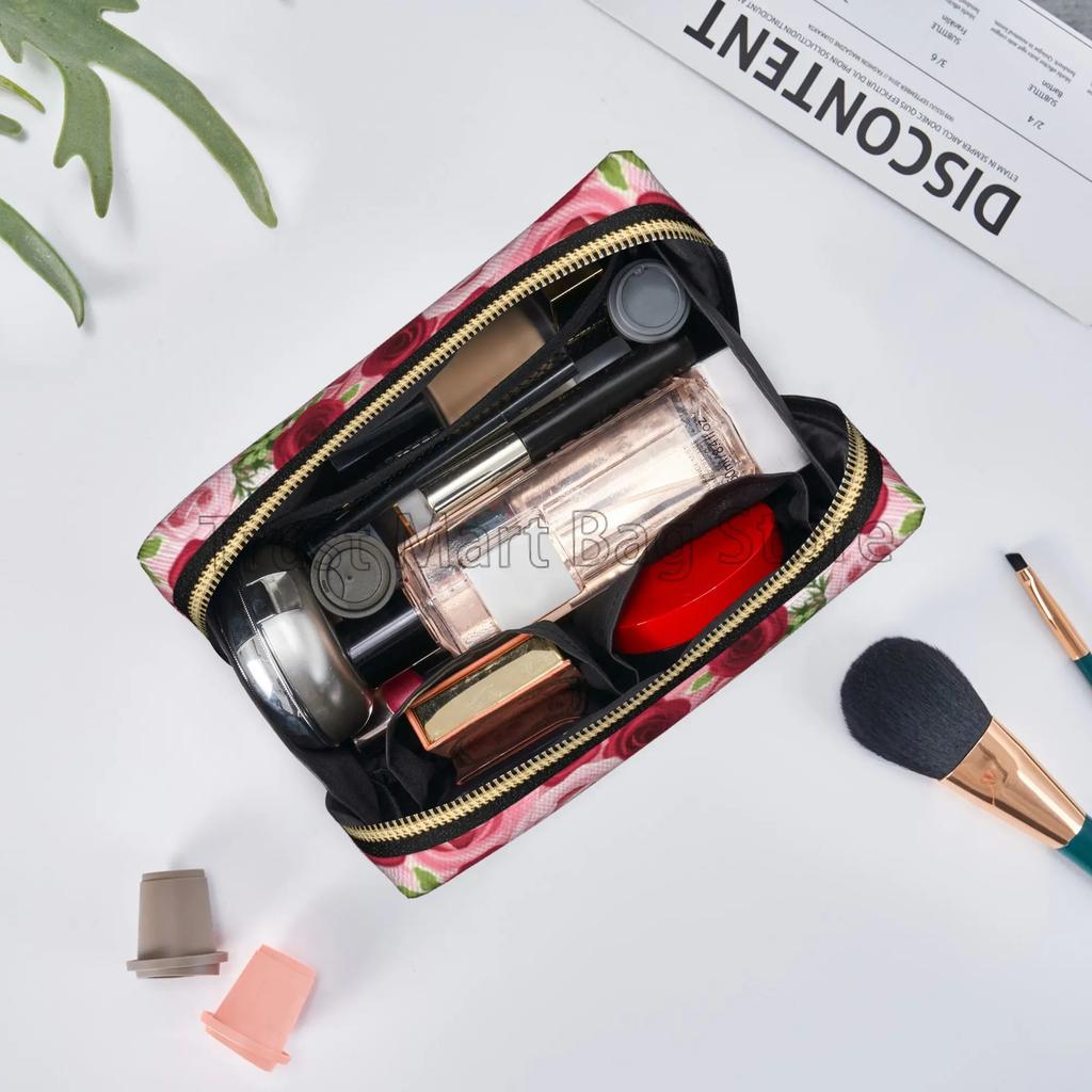 Pink Red Rose Print Large Travel Makeup Bag Pouch Cosmetic Bags Leather Waterproof Toiletry Bag for Women Valentine's Day Gifts