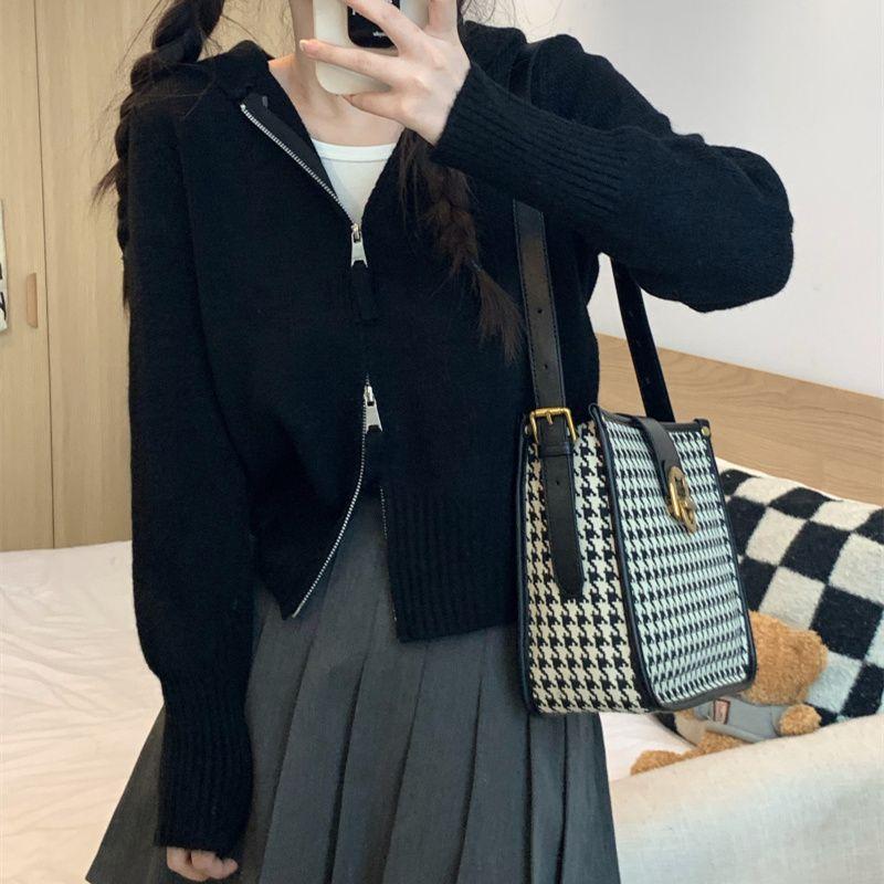 Polo Kragen Strickjacke Pullover Frauen Herbst 2023 Schlank Solide Unregelmäßige Langarm Doppel Zip Pullover Strickjacke Weibliche Top