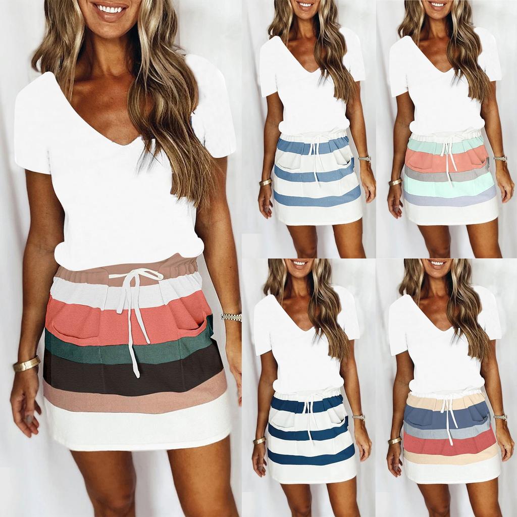 Women's Fashion Stripes Prints V-Neck Short Sleeves Lacing Pockets Leisure Dress