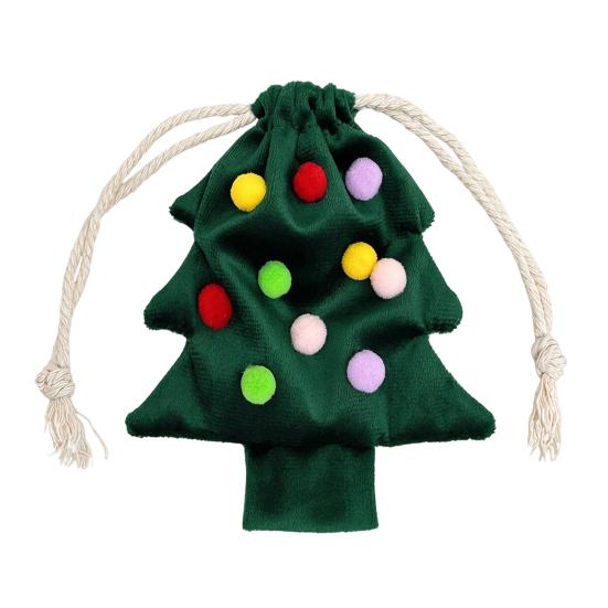 Christmas Tree Hanging Ornaments Drawstring Gift Bag, Plush Pom Bell Small Trinket Bags with Ornament, Reusable Candy Pouch Decor for Holiday