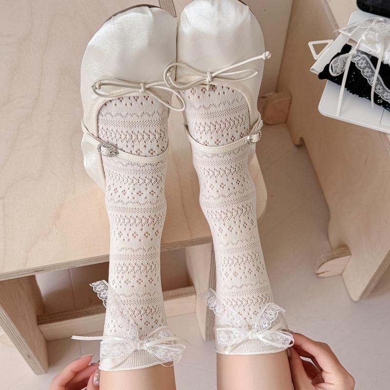Women's Ballet-Style Mesh Mid-Calf Socks with Sweet Lace, Ribbons & Bows for Spring/Summer.