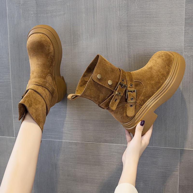 New autumn women's shoes casual fashion medium boots velvet warm heightening short boots women's thick-soled Martin boots women's