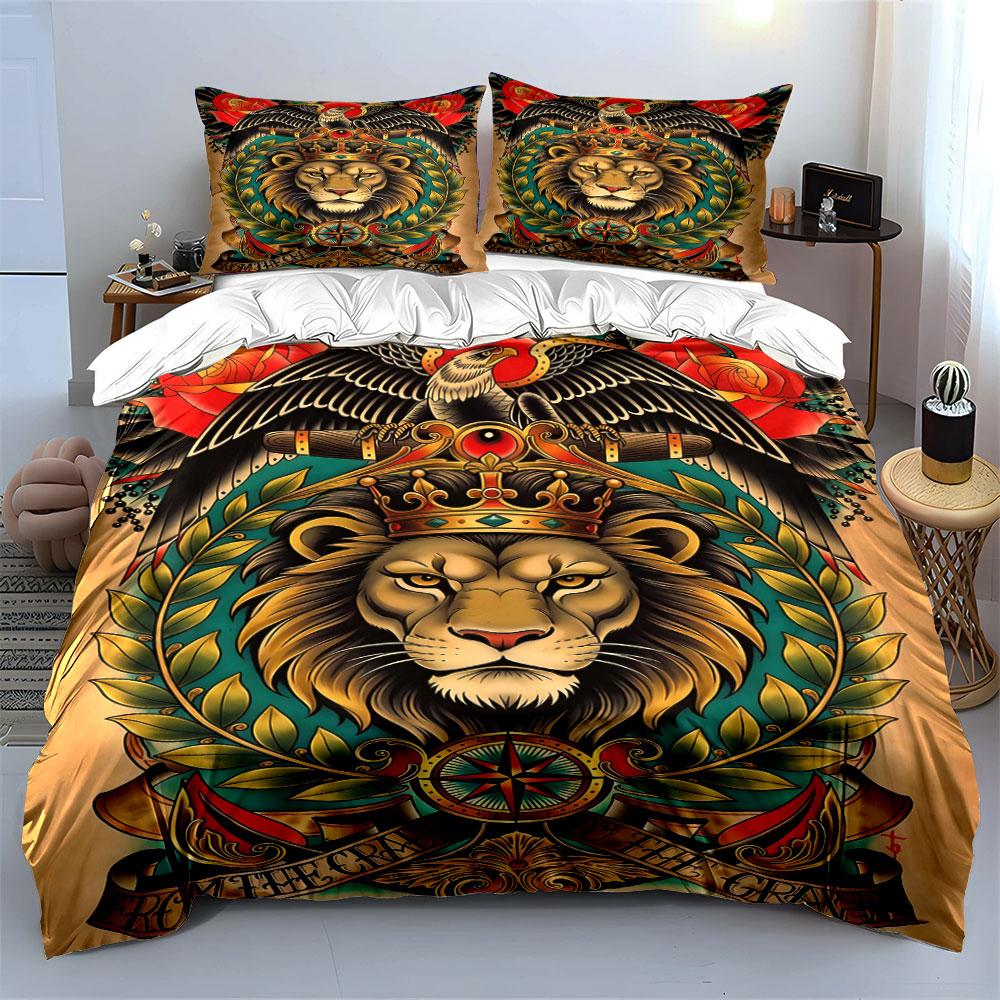 Lion crowned surrounded foliage. Bedding sets Duvet cover sets Duvet covers Pillowcases(1 * Duvet Cover 2 * Pillowcases, without duvet insert)