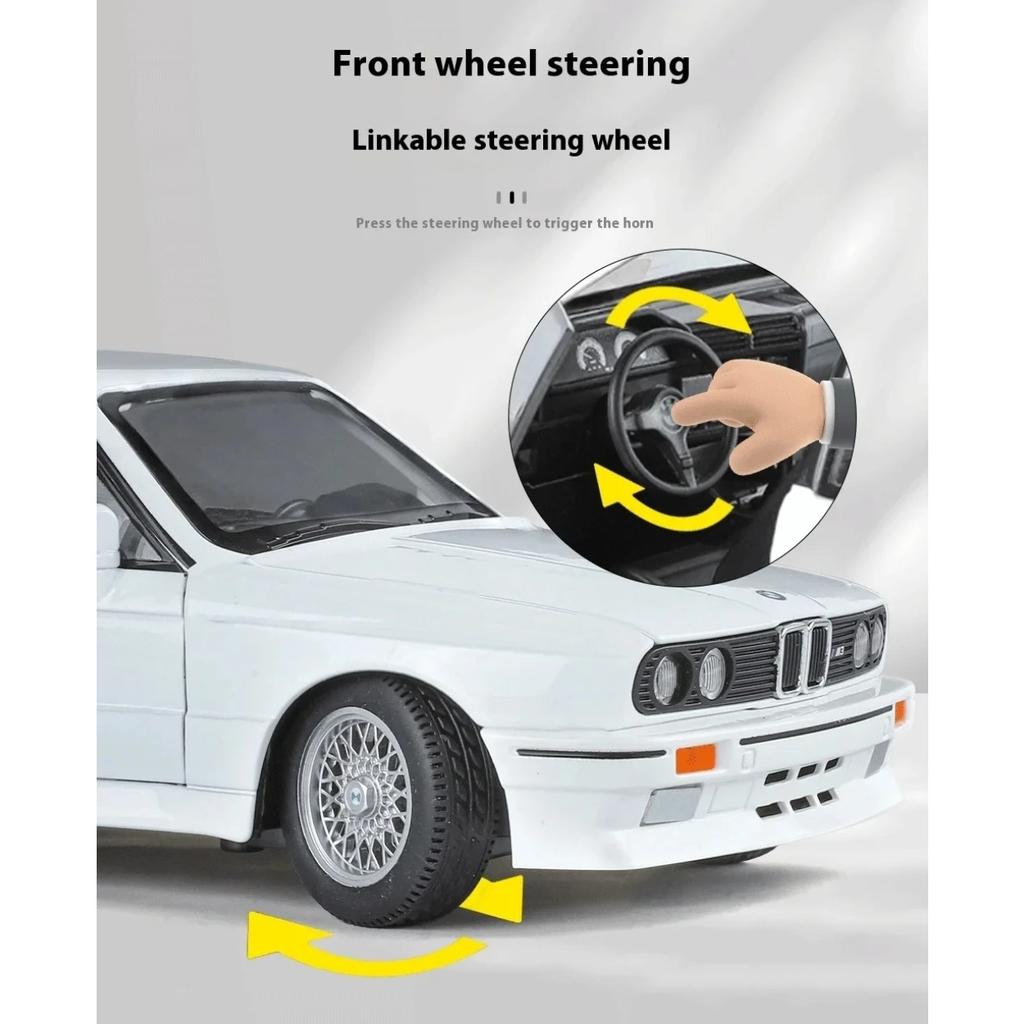 1/24 BMW M3 E30 1988 Supercar Alloy Car Model Sound and Light Pull Back Children's Toy Collectibles Birthday Gift