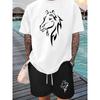 European Size Simple Horse Head Print Men's Short Sleeve T-Shirt and Drawstring  Casual Sportswear , Suitable for Spring/Summer