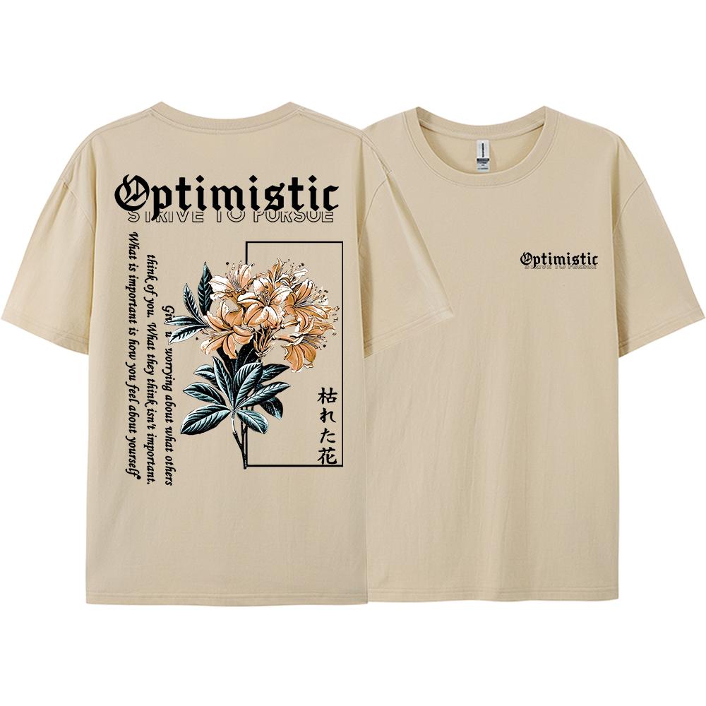 Optimistic Strive To Porsue Harajuku Flower Printing Men Women Tshirt Oversized Loose T Shirts Cotton Short Sleeve Hip Hop Tees