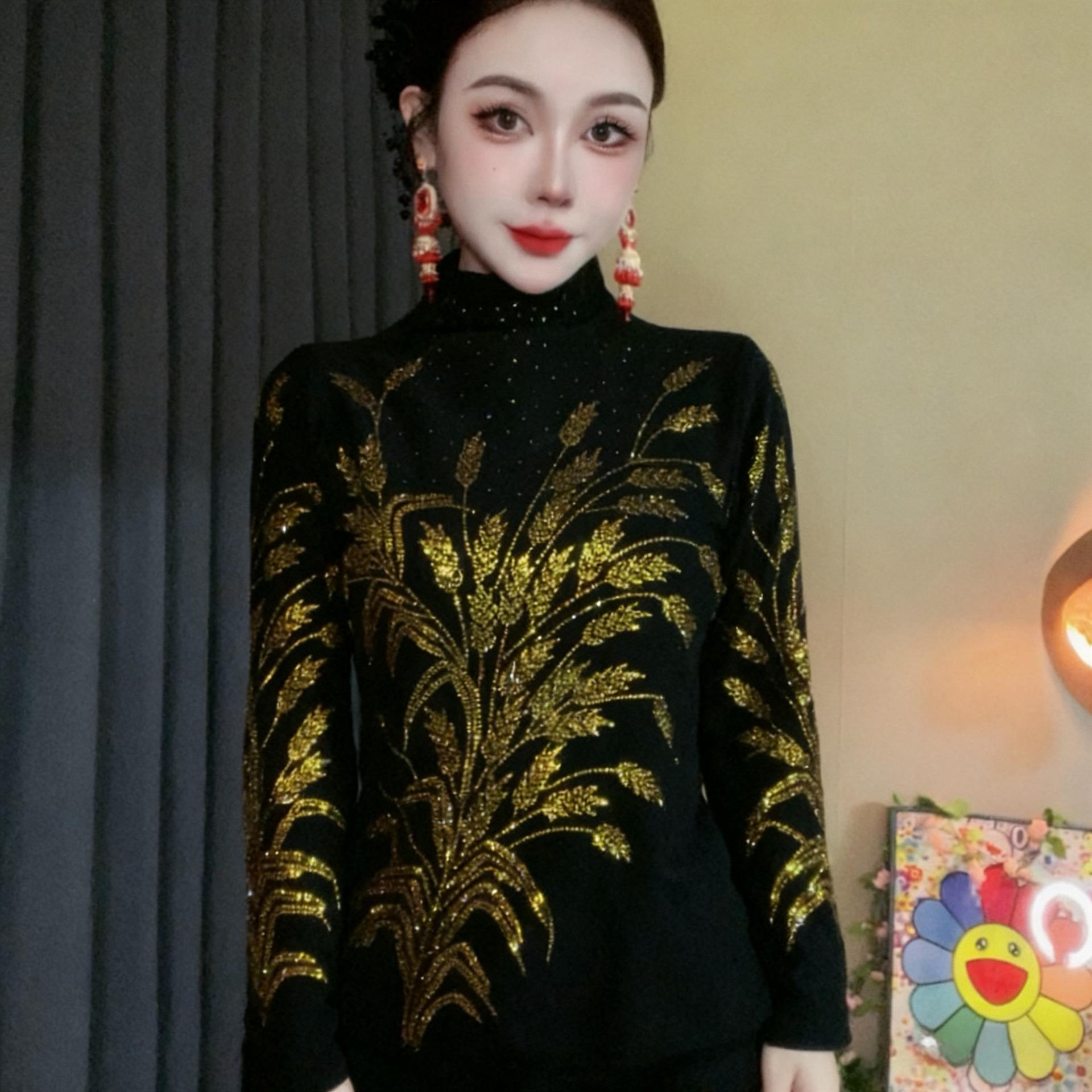 De Rong Women s Rhinestone Long-Sleeve Half-High Collar Shirt – Elegant Autumn/Winter Base Layer Top 3XL